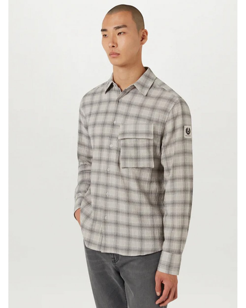  Belstaff Mens Linen Scale Check Shirt Black/Stone Beige