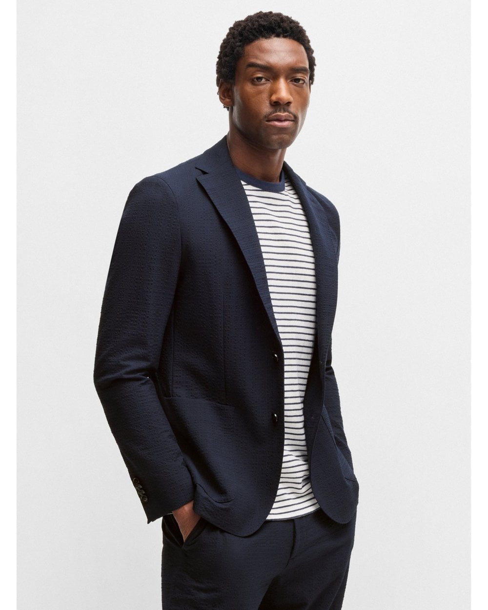  BOSS Mens C-Hanry 252 Seersucker Blazer Jacket Dark Blue