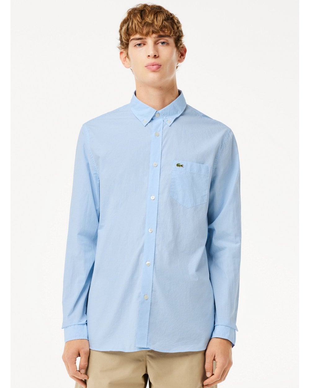  Lacoste Mens Gingham Small Check Poplin Shirt Blue/White