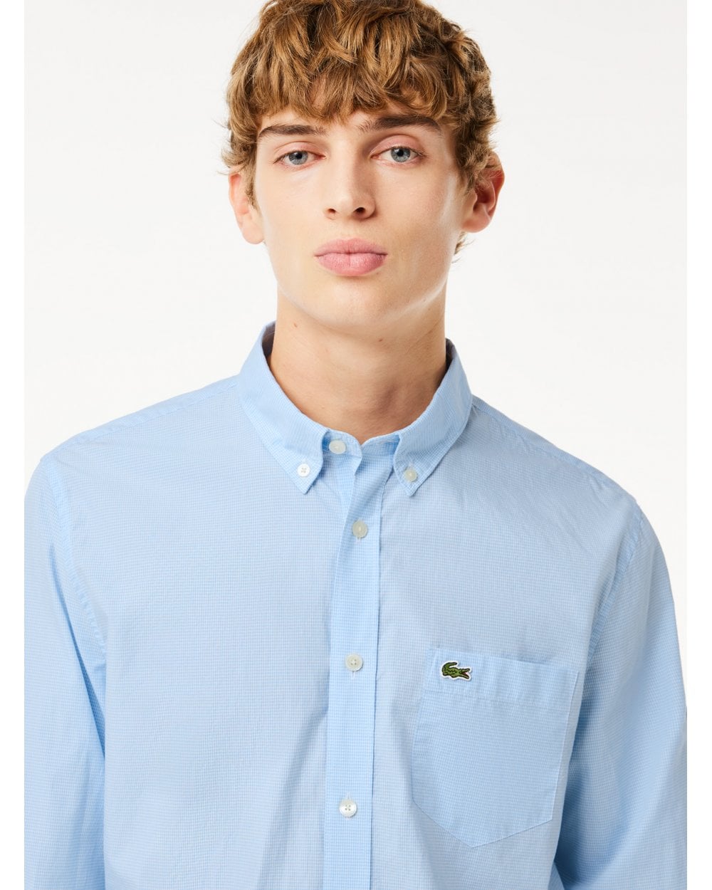  Lacoste Mens Gingham Small Check Poplin Shirt Blue/White