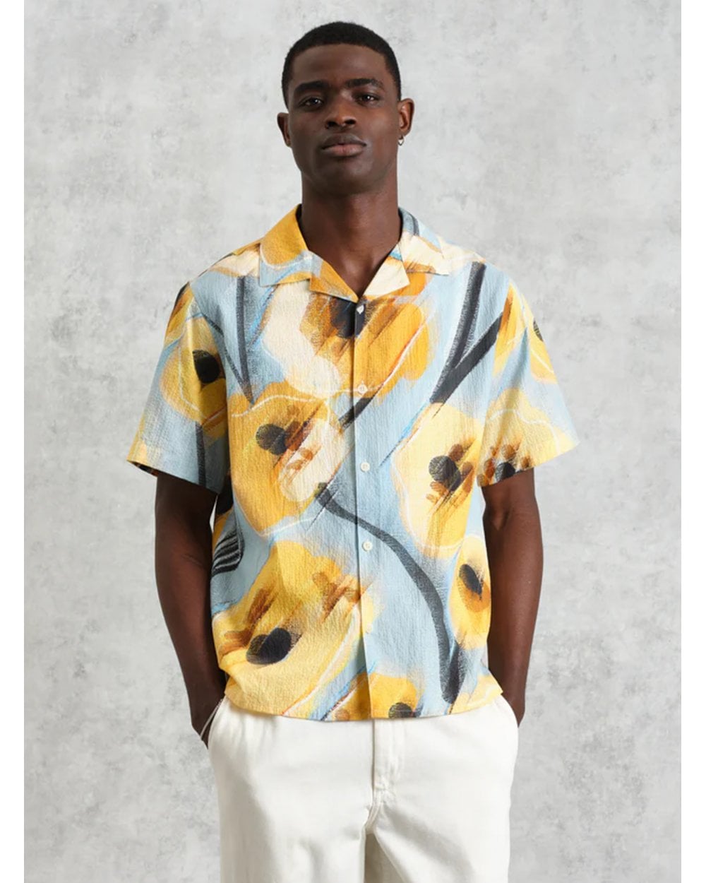  Wax London Mens Didcot Abstract Poppy Print Shirt Blue/Yellow