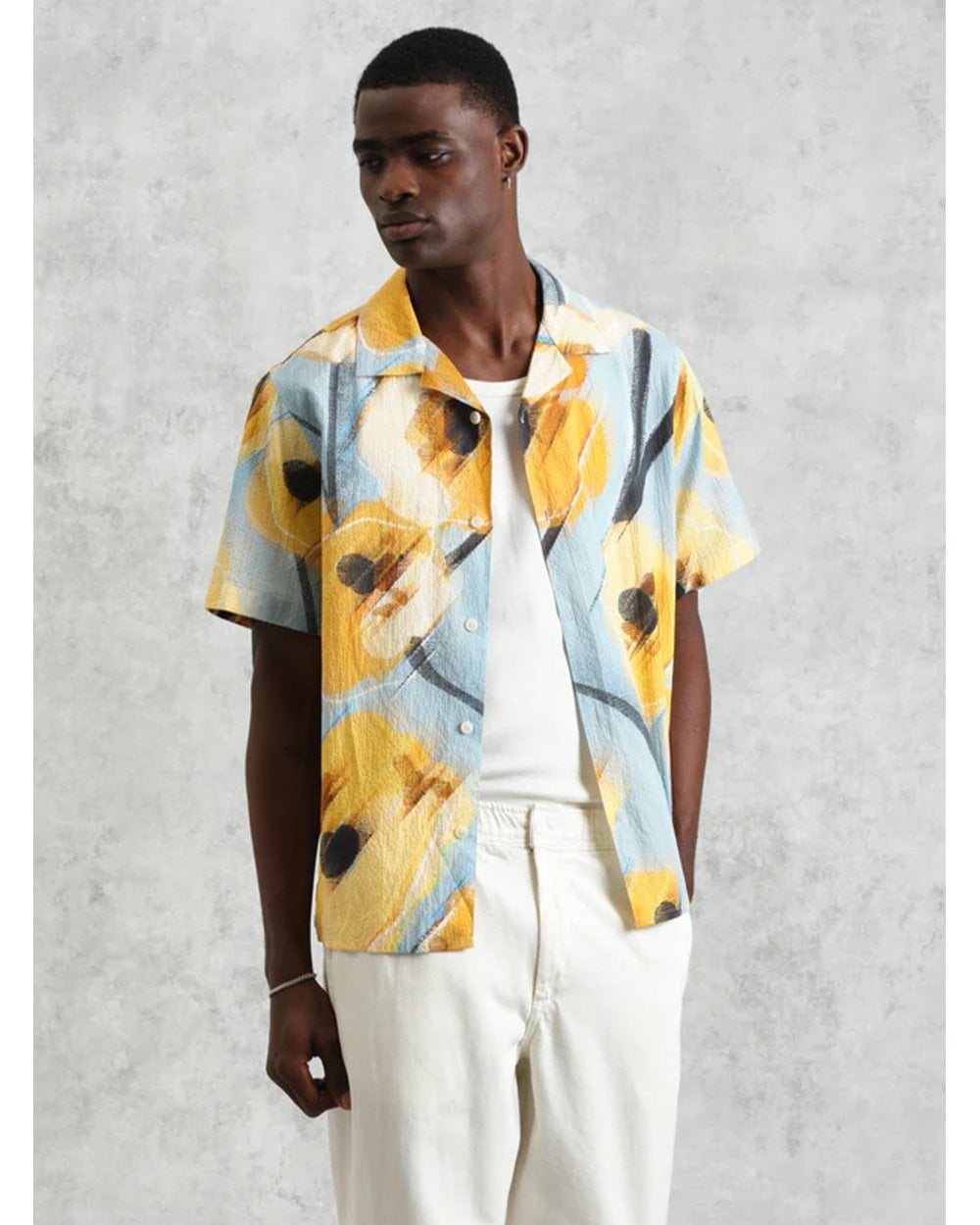  Wax London Mens Didcot Abstract Poppy Print Shirt Blue/Yellow