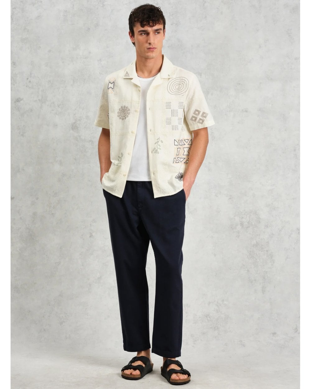  Wax London Mens Didcot Embroidered Doodle Short Sleeve Shirt Ecru Beige