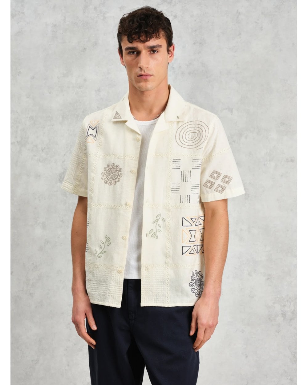  Wax London Mens Didcot Embroidered Doodle Short Sleeve Shirt Ecru Beige