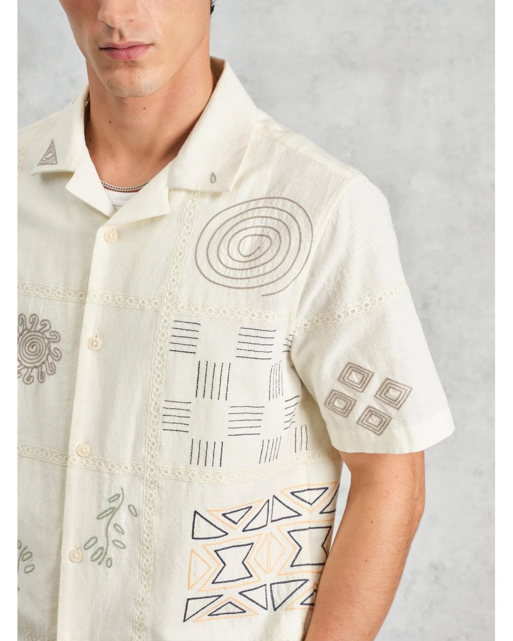  Wax London Mens Didcot Embroidered Doodle Short Sleeve Shirt Ecru Beige