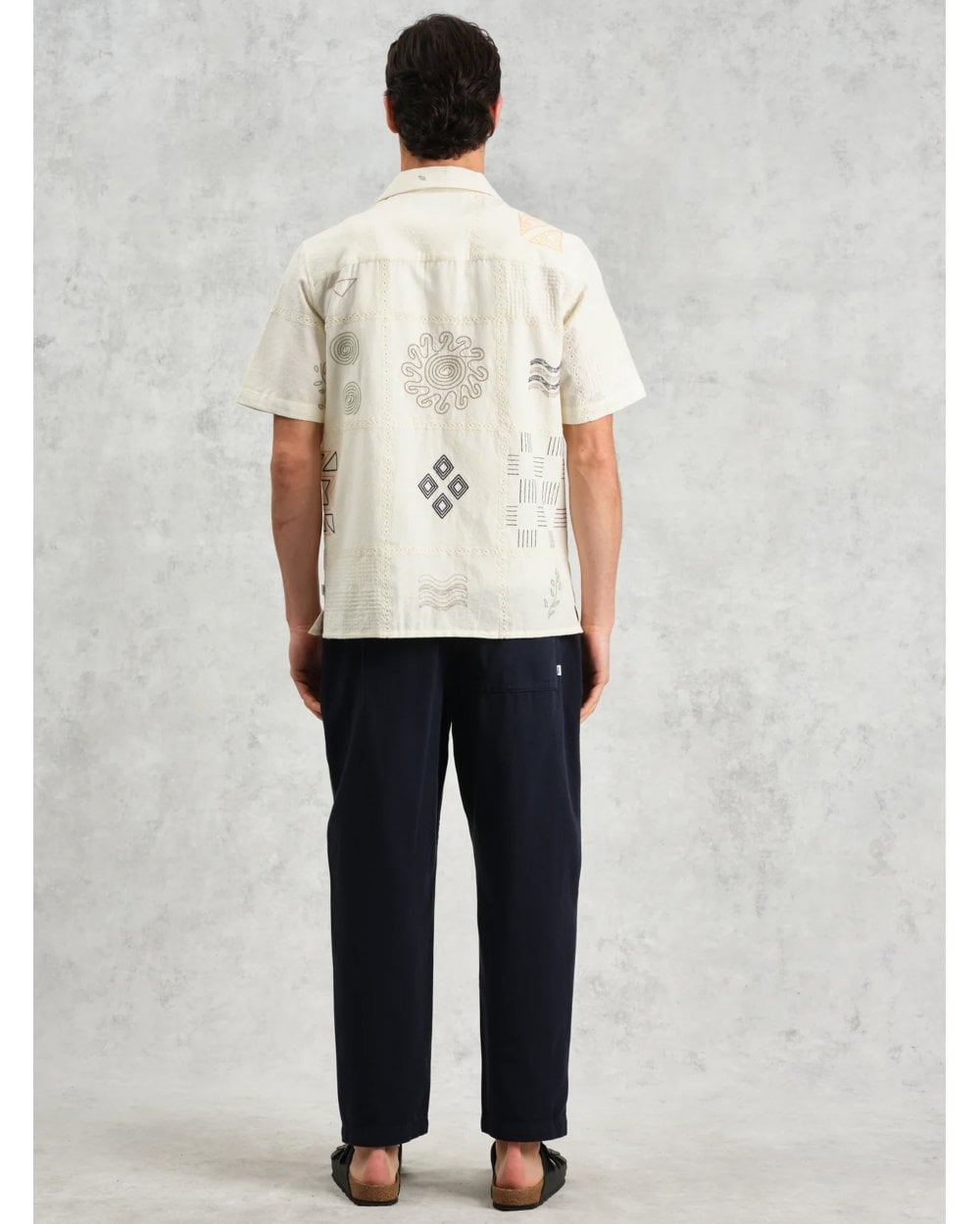 Wax London Mens Didcot Embroidered Doodle Short Sleeve Shirt Ecru Beige