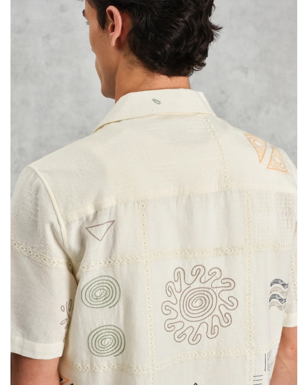  Wax London Mens Didcot Embroidered Doodle Short Sleeve Shirt Ecru Beige