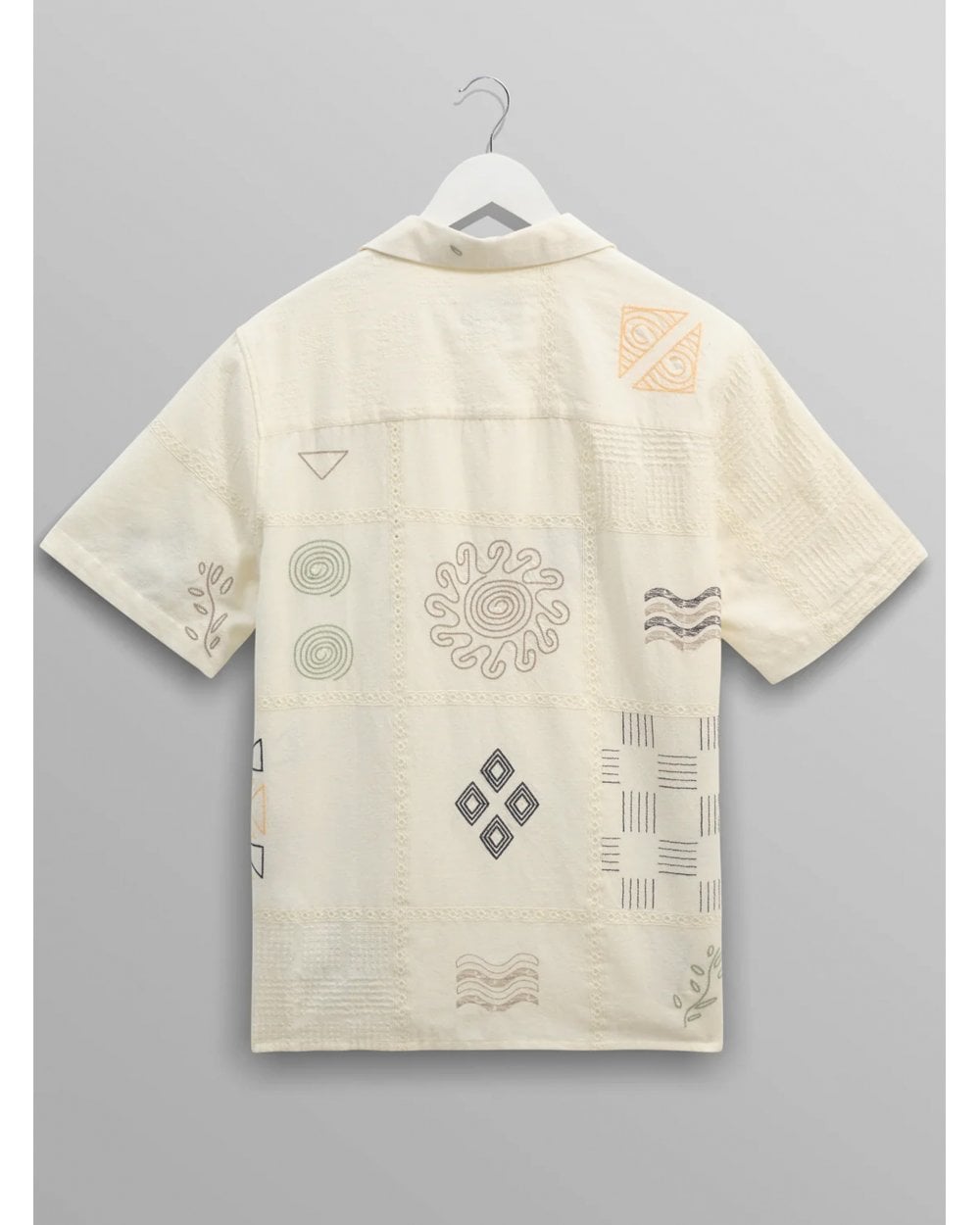  Wax London Mens Didcot Embroidered Doodle Short Sleeve Shirt Ecru Beige