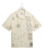  Wax London Mens Didcot Embroidered Doodle Short Sleeve Shirt Ecru Beige