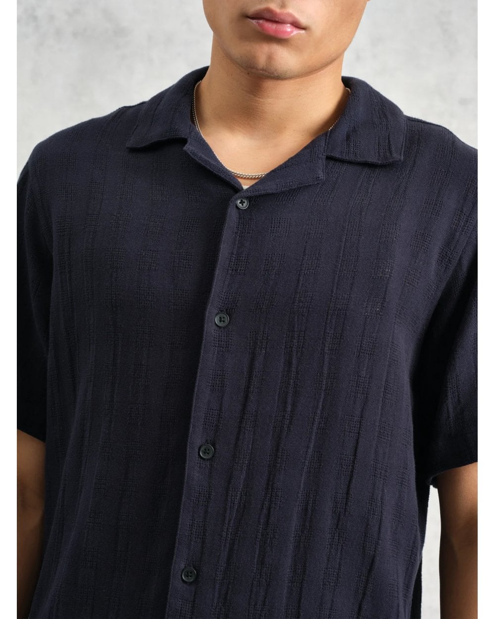  Wax London Mens Didcot Open Weave Short Sleeve Shirt Navy