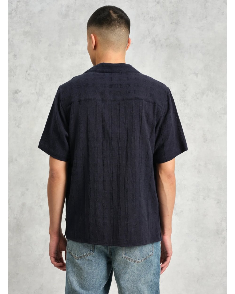  Wax London Mens Didcot Open Weave Short Sleeve Shirt Navy