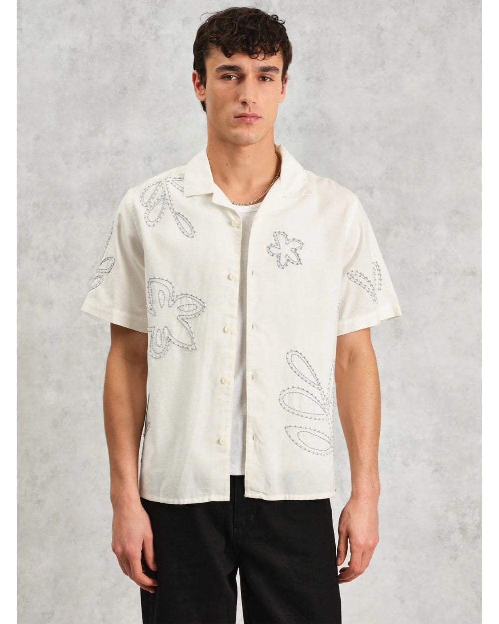  Wax London Mens Floral Embroidered Short Sleeve Shirt Ecru Beige