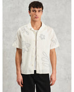  Wax London Mens Floral Embroidered Short Sleeve Shirt Ecru Beige