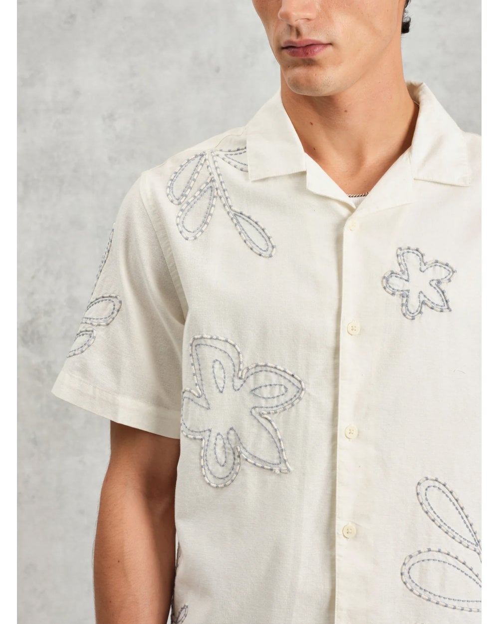  Wax London Mens Floral Embroidered Short Sleeve Shirt Ecru Beige