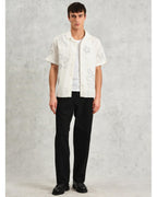  Wax London Mens Floral Embroidered Short Sleeve Shirt Ecru Beige