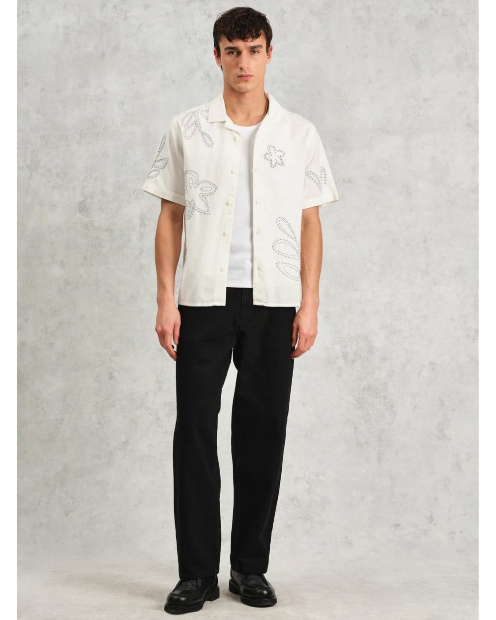  Wax London Mens Floral Embroidered Short Sleeve Shirt Ecru Beige