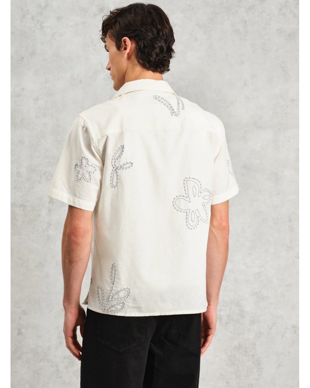  Wax London Mens Floral Embroidered Short Sleeve Shirt Ecru Beige