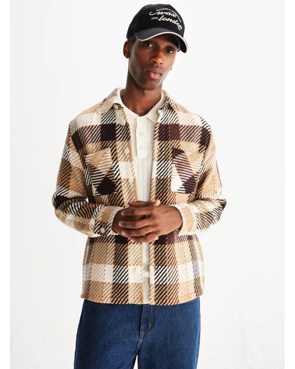  Wax London Mens Whiting Pike Check Overshirt Beige/Brown