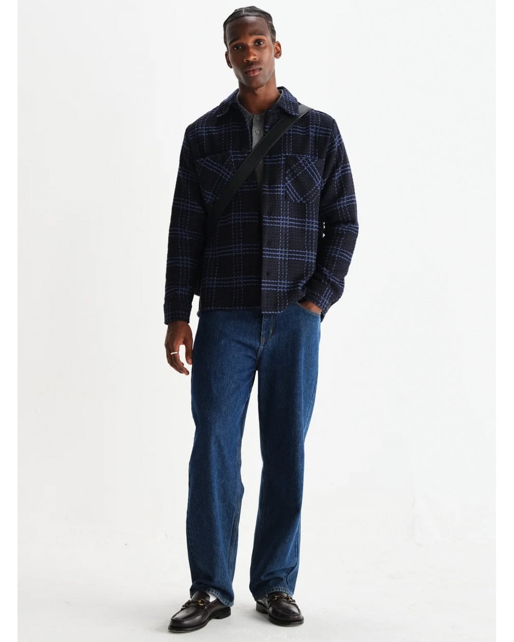  Wax London Mens Whiting Skate Check Overshirt Navy Blue