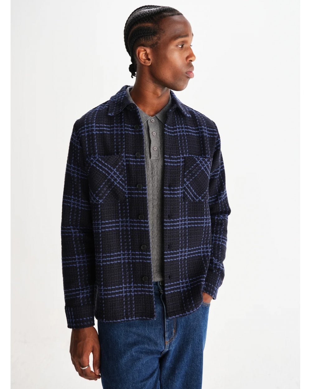  Wax London Mens Whiting Skate Check Overshirt Navy Blue