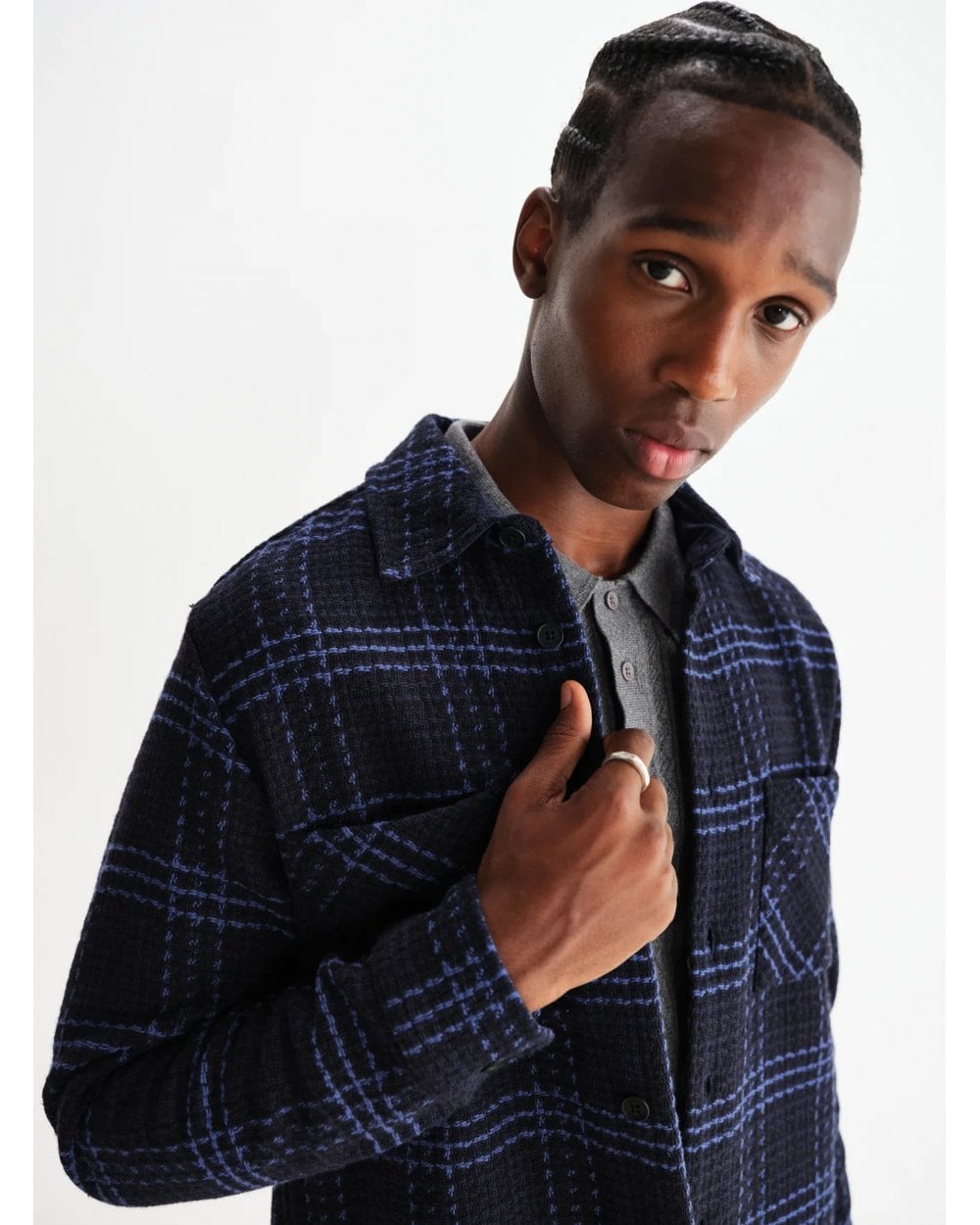  Wax London Mens Whiting Skate Check Overshirt Navy Blue