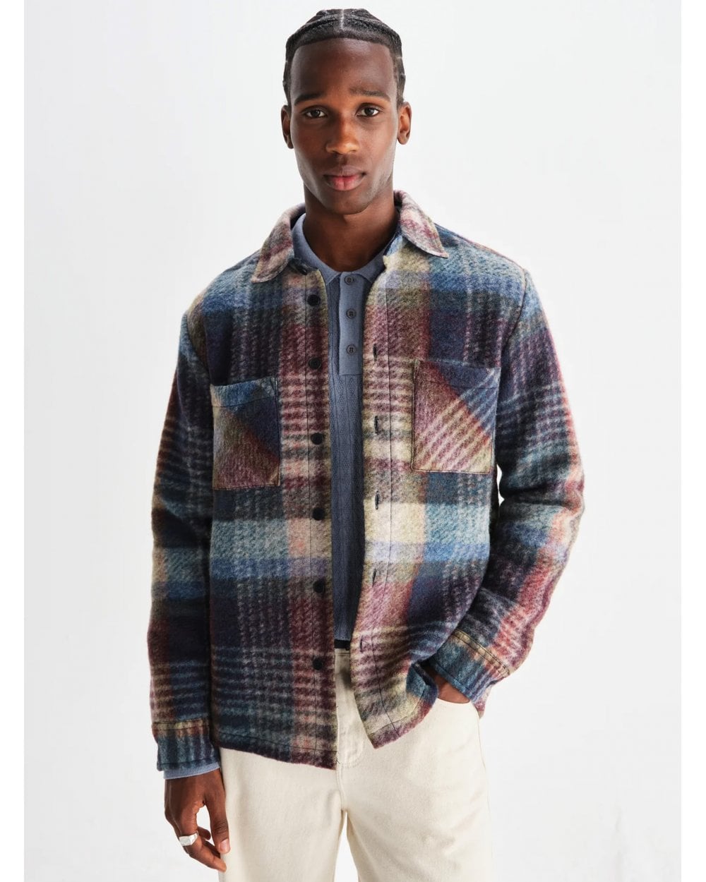  Wax London Mens Whiting Wool Blend Overshirt Blue/Multi