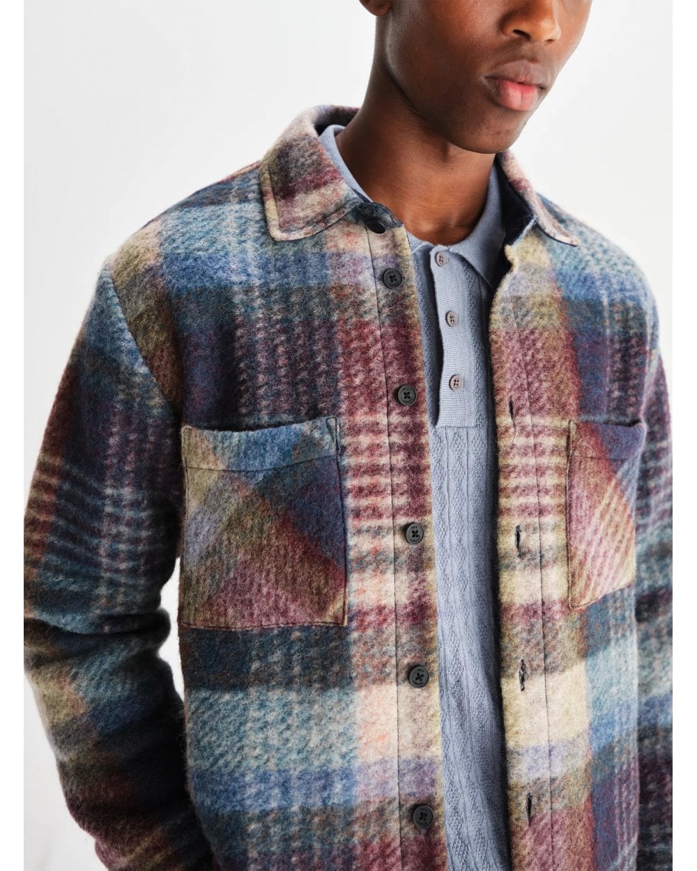  Wax London Mens Whiting Wool Blend Overshirt Blue/Multi