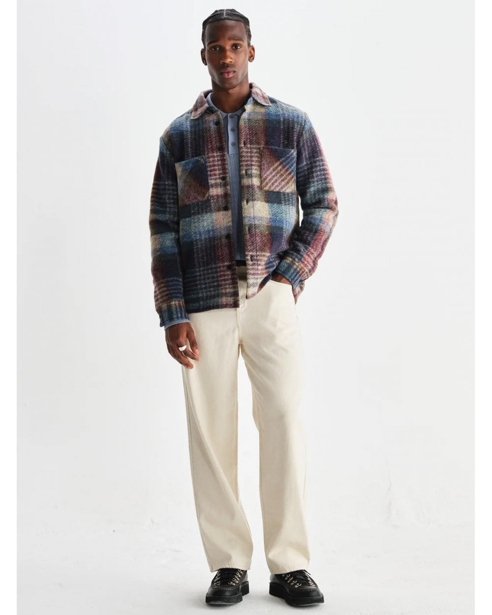  Wax London Mens Whiting Wool Blend Overshirt Blue/Multi