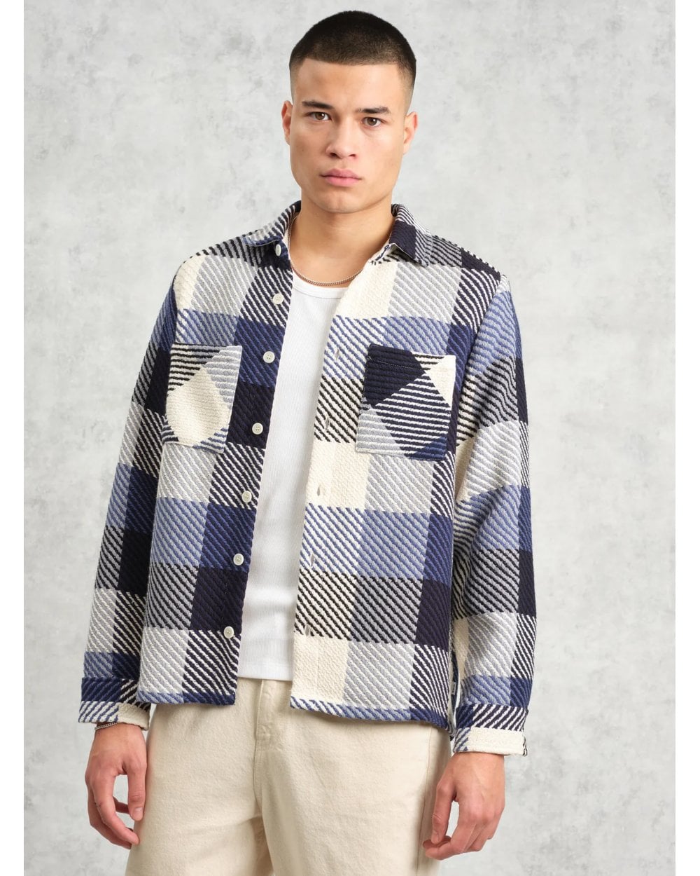  Wax London Mens Whitting Block Check Shirt Ecru/Navy
