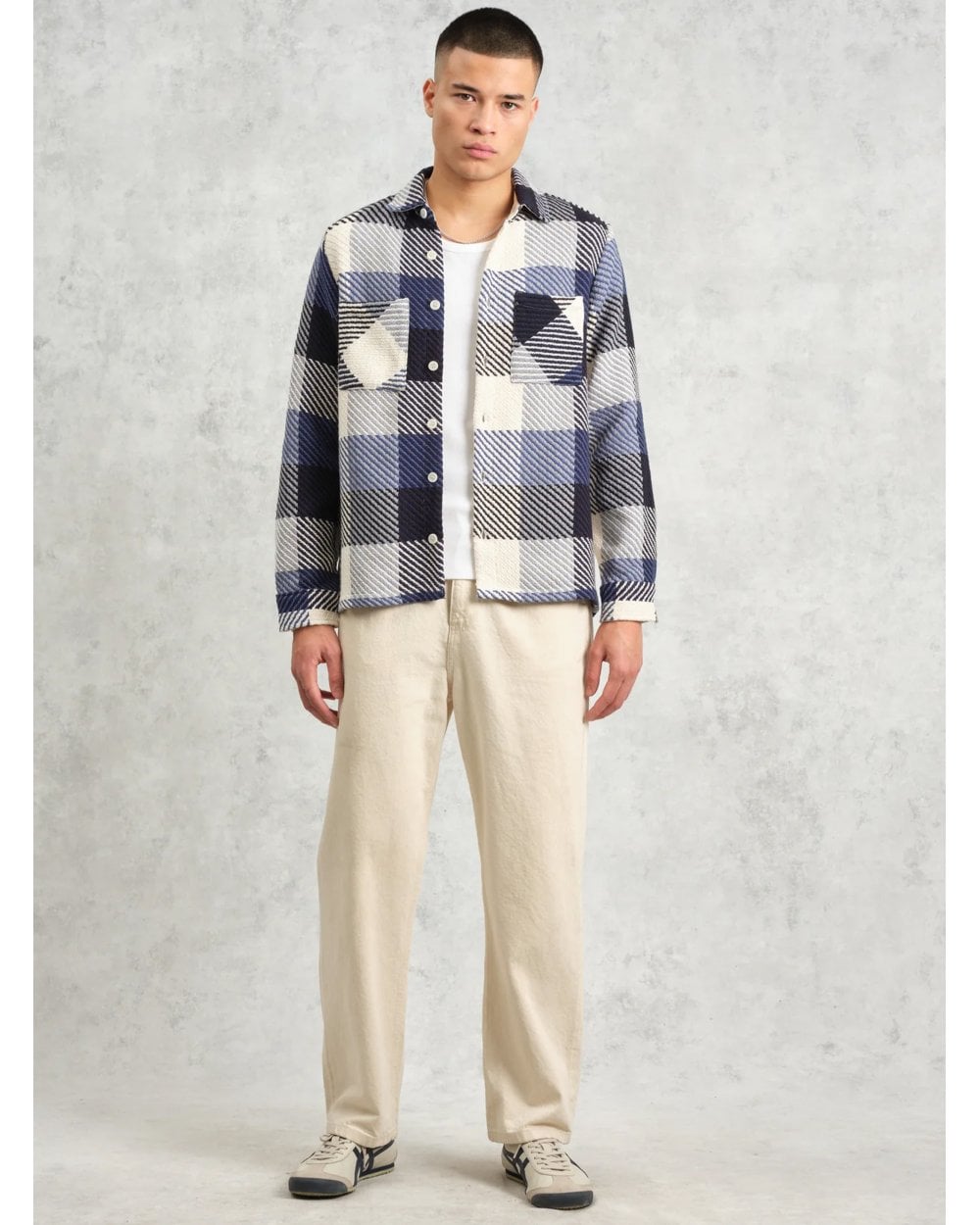  Wax London Mens Whitting Block Check Shirt Ecru/Navy